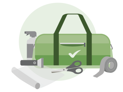 An emergency supply kit that includes scissors, duct tape, plastic a flashlight and cleaning supplies.