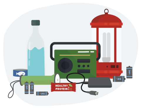 Power Outage Emergency Kit including a battery operated radio, lantern, flashlight. An external battery charger, extra batteries, water, canned tuna fish and a protein bar